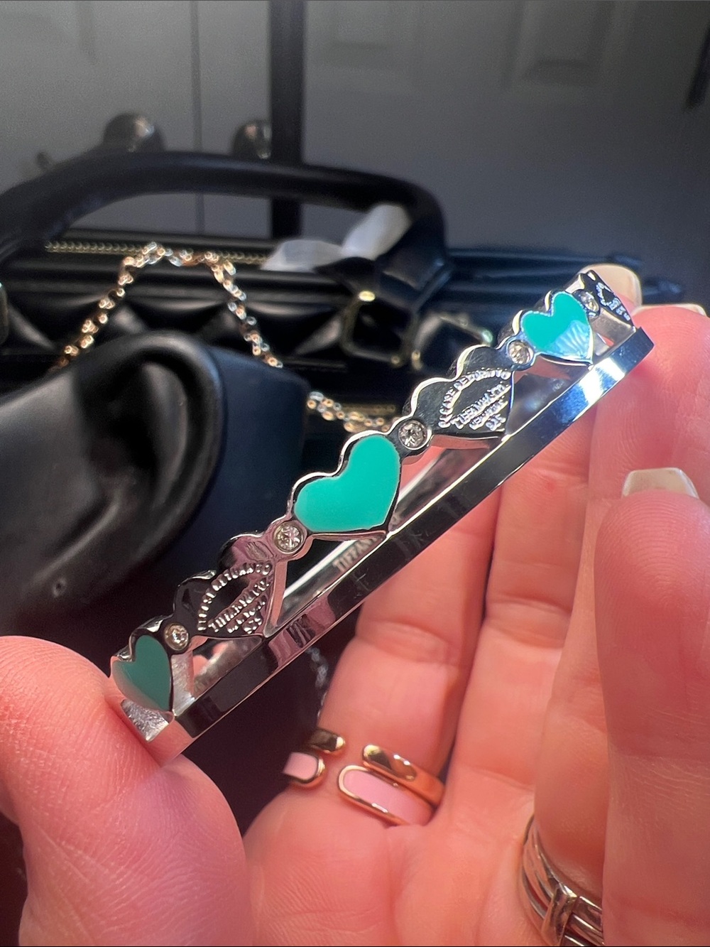Silver Heart Bangle with Turquoise Enamel Accents